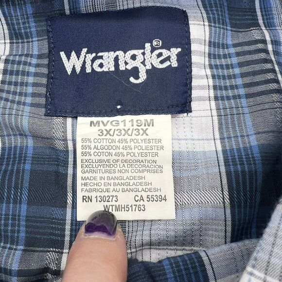 Wrangler Western Button Down Shirt Mens 3X Blue White Plaid Long Sleeve - Picture 3 of 4